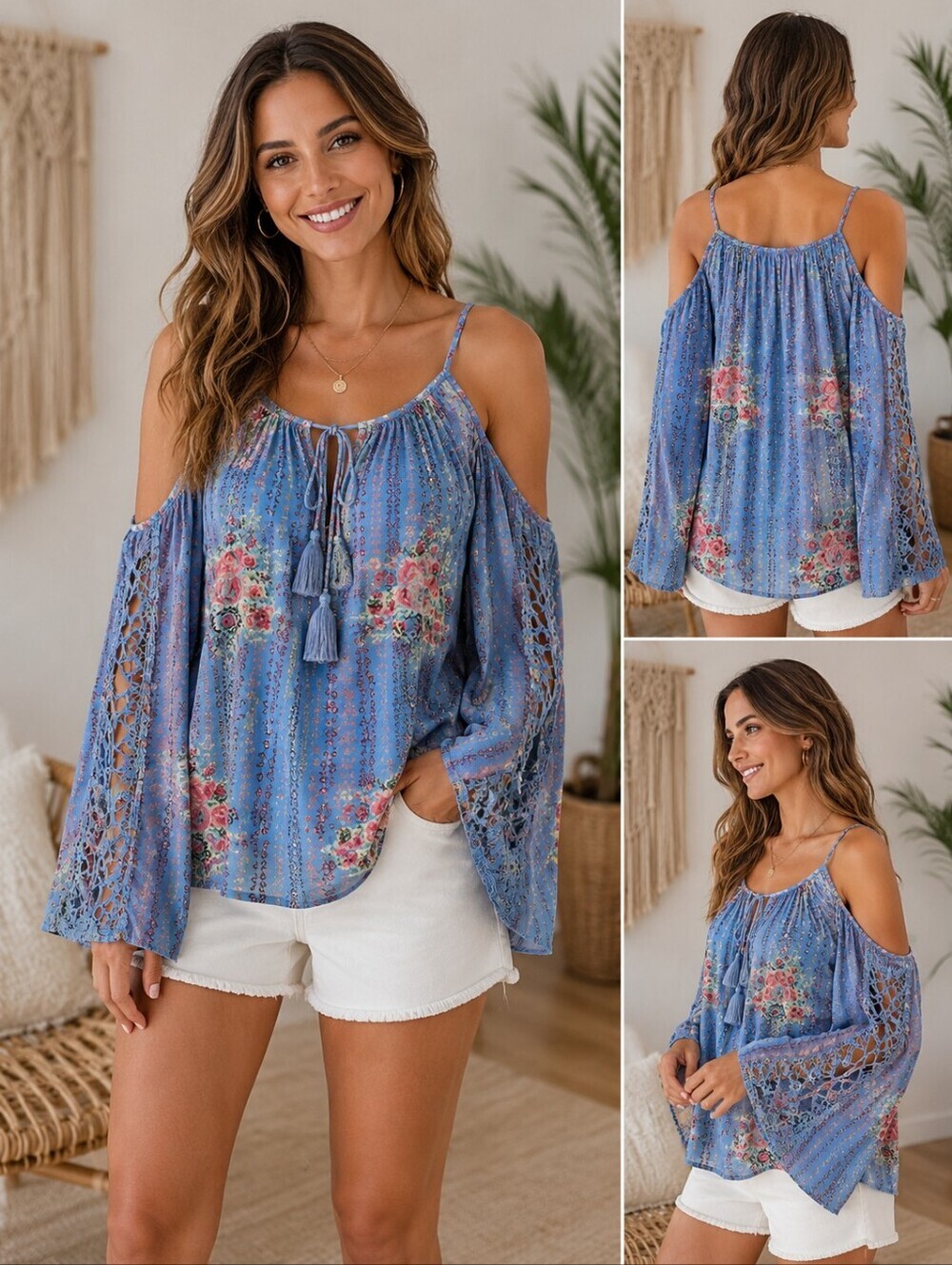Angie Blue Floral Cold-Shoulder Boho Tunic